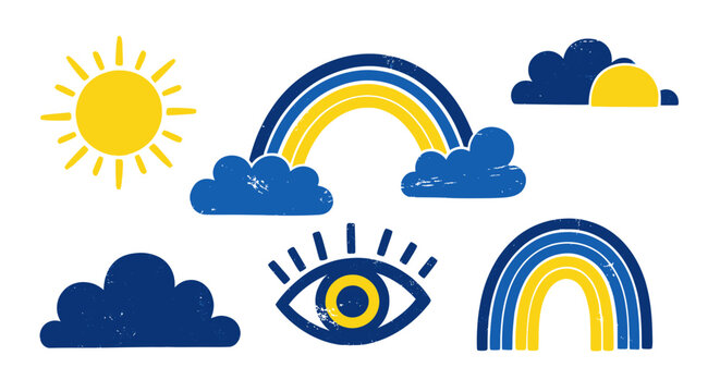 Boho Sun, Rainbows, Clouds, and Evil Eye Icon on White Background