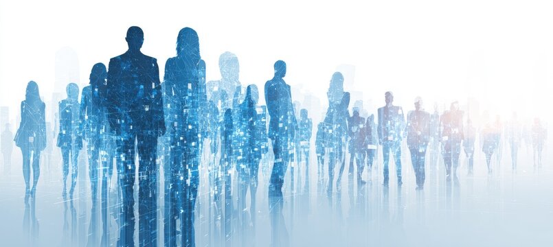 Silhouettes of business people superimposed on a city skyline at night