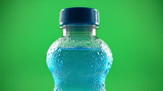 Close up of a blue sports drink in a plastic bottle.