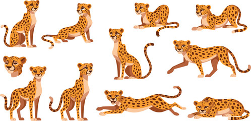 Cheetah Wild Animal Cartoon Set with Different Poses Running, Sitting and Resting for Safari Wildlife Illustration, African Nature Design and Character Collection © Ruma
