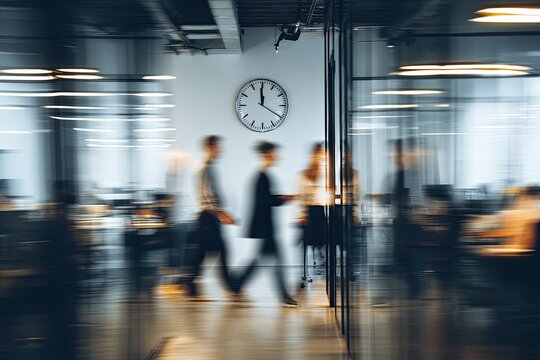 Busy modern office with blurred figures and clock