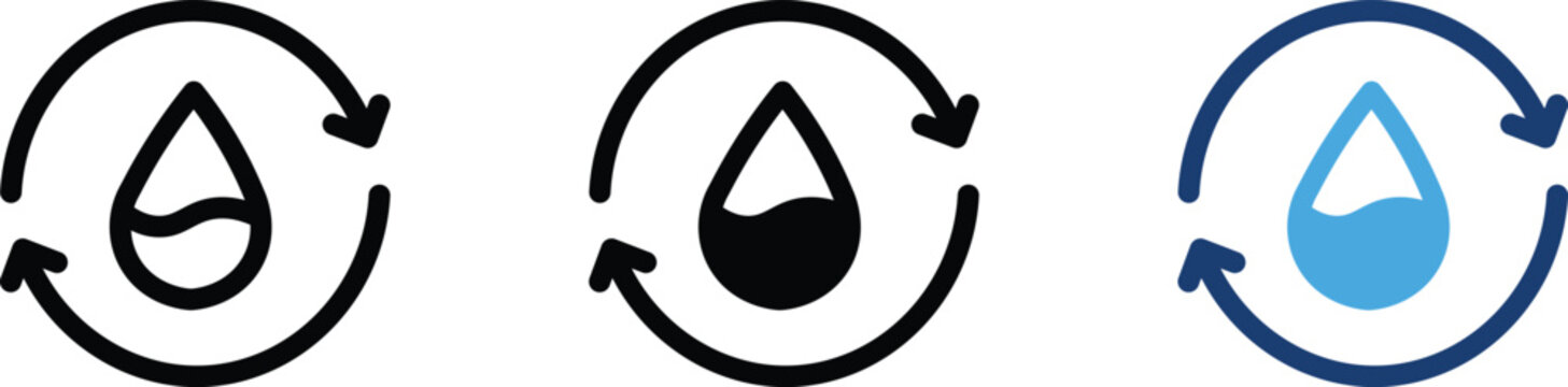 Water recycling icons with circular arrows and liquid drops, sustainable water management symbols, eco-friendly resource conservation vector set