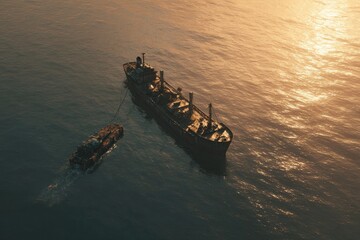 Obraz premium Aerial view of a tugboat towing a large cargo ship on calm ocean waters