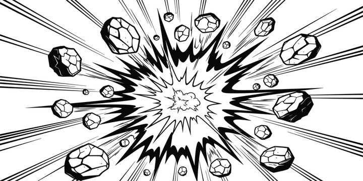 Comic Style Explosion Burst with Flying Rocks and Debris in Dynamic Action Scene for Manga, Superhero Effects, Game Design and Motion Graphic Elements