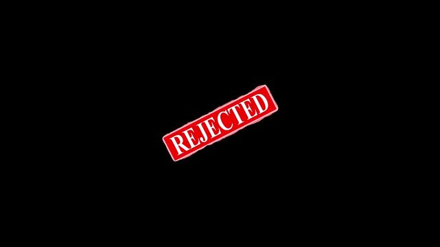 REJECTED rubber stamp with rough edges, perfect for rejection, denied, .rejected stamp animation on black background, red glowing text motion footage,