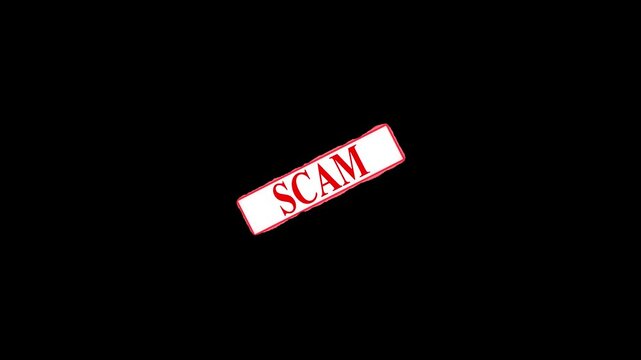 Red 'Scam' Stamp on White Background with Black Border Overlay, Isolated on Black, scam rubber stamp animation motion graphic, stamp overlays