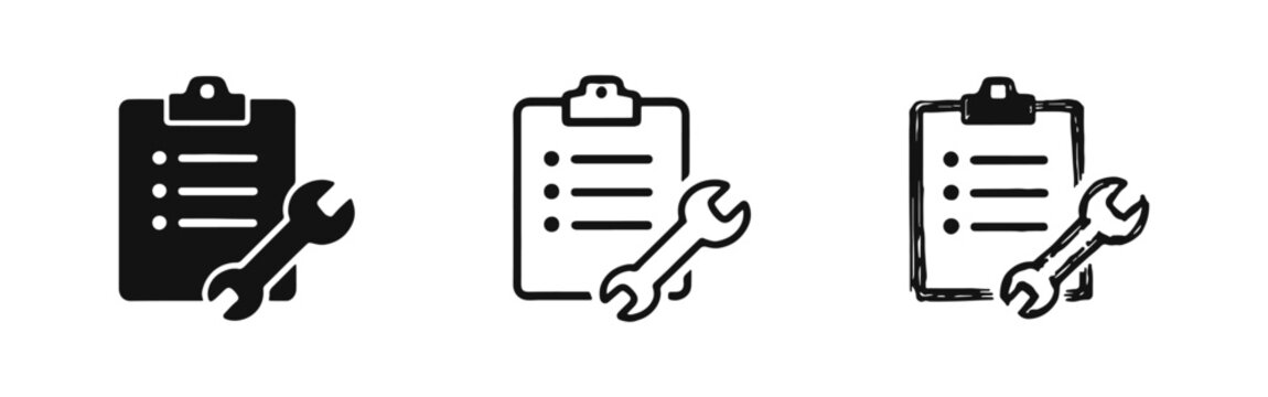 Clipboard with Wrench and Checklist Icons - Service, Maintenance, and Task Management Vector Set