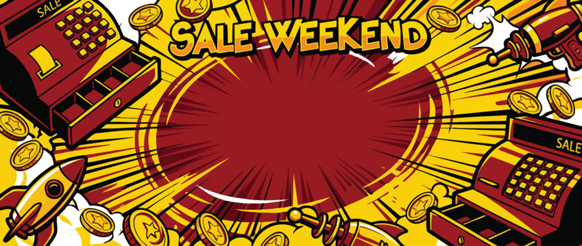 Black Friday Sale Weekend Pop Art Background with Cash Registers