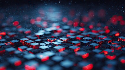 Fototapeta premium Abstract glowing red cubes and blue bokeh in a dark, futuristic setting