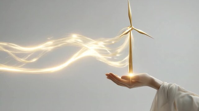 Golden Turbine in Hand: An artistic portrayal of a single hand delicately cradling a golden wind turbine, from which emanates swirling streams of radiant energy, symbolizing sustainable power.