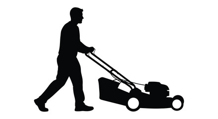 Man pushing a lawnmower on white background striking black silhouette © AL-AMIN