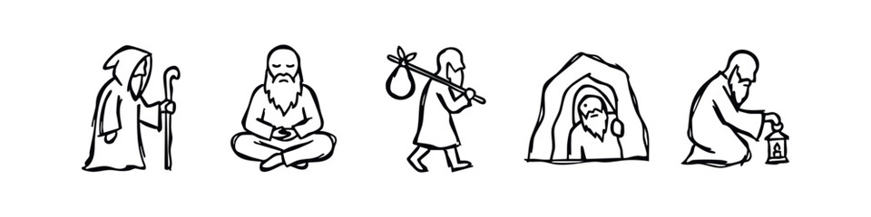 Fototapeta premium Hand-Drawn Hermit and Sage Lifestyle Icons, Doodle Style Monk and Wanderer Symbols, Sketchy Spiritual Seeker Graphics