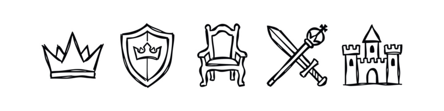 Hand-Drawn Royalty and Medieval Kingdom Icons, Doodle Style Fantasy Castle and Throne Elements, Sketchy Knight and King Symbols Set