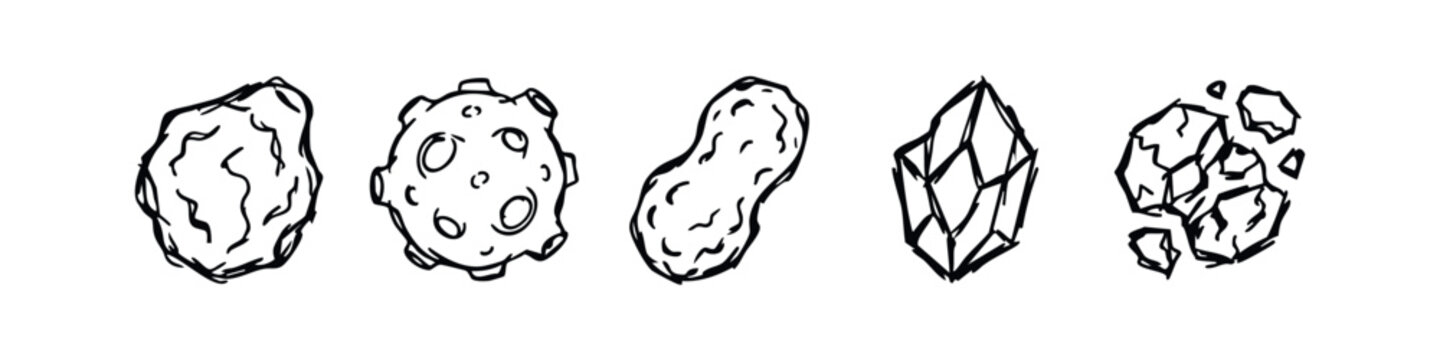 Hand drawn geological and asteroid icons set in sketch style