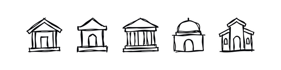 Obraz premium Hand-drawn architectural building icons set in a sketchy doodle style.