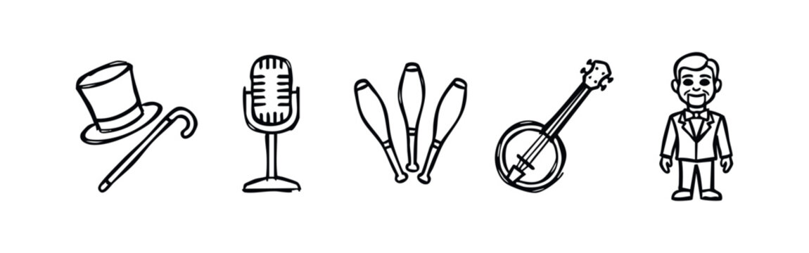 Hand-drawn entertainment icons: a top hat and cane, microphone, juggling clubs, banjo, and a performing male figure.