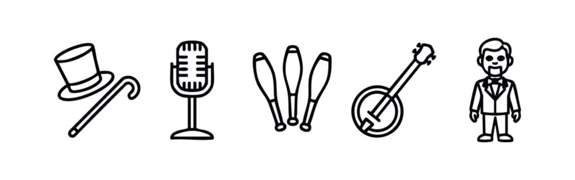 Clean line art icons for entertainment: top hat and cane, microphone, juggling clubs, banjo, and a formal male figure.