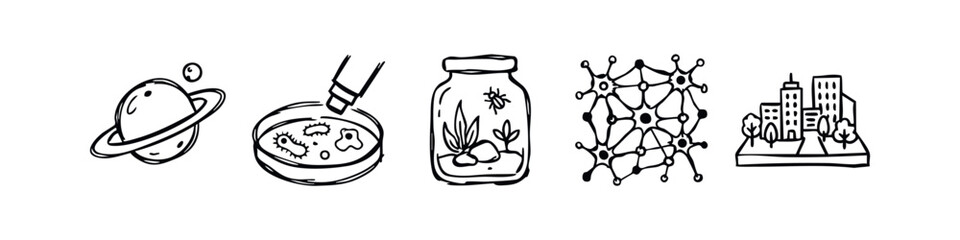 Hand-Drawn Science, Nature, and Urban Icons: Space, Biology, Ecology, Technology, City © liubomir118809