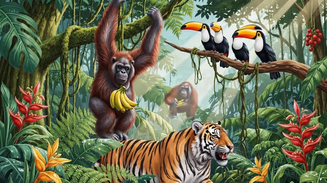A vibrant jungle scene with an orangutan, toucans, and a tiger