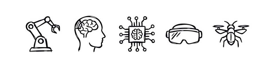 Fototapeta premium Hand-Drawn Icons for AI, Robotics, Virtual Reality, and Drone Technology