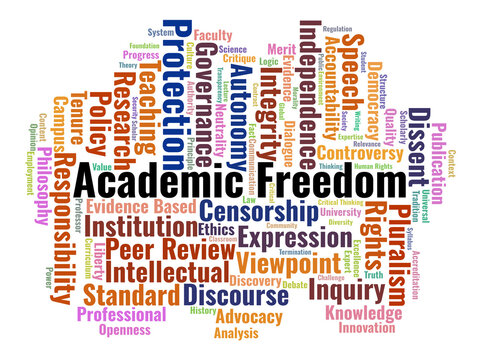 Academic Freedom Word Cloud. A Comprehensive Mapping Of Rights, Professional Ethics, Tenure Systems, And Independent Inquiry Frameworks Defining Modern Educational Institutions.