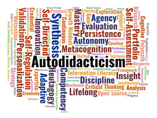 Fototapeta premium Autodidacticism Word Cloud. A Visual Representation Of Heutagogy, Metacognitive Strategies, And Self-Regulated Learning Principles Essential For Independent Scholars And Professionals.
