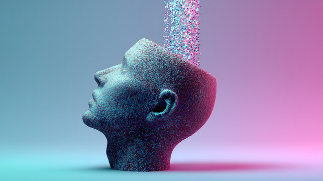Human head dissolving into particles, representing digital transformation, data fragmentation, identity, and futuristic concept of mind and technology.