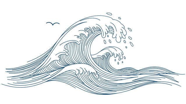 Beautiful artistic illustration of powerful ocean waves crashing with a solitary bird flying above the sea in minimalist line art style.