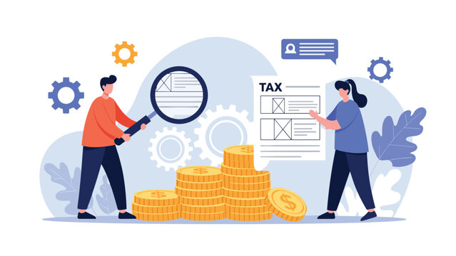 Professional auditors using a magnifying glass to inspect tax documents over a large pile of gold coins to ensure financial compliance.