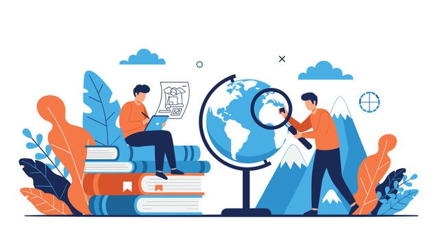 Two students exploring geography and earth science with a large globe, magnifying glass, and a stack of books against a mountain backdrop.