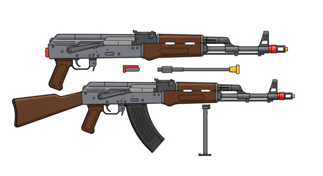 Military Assault Rifle Vector Illustration with Disassembled Parts and Assembled Weapon, Flat Design Graphic for Security and Weaponry Concepts