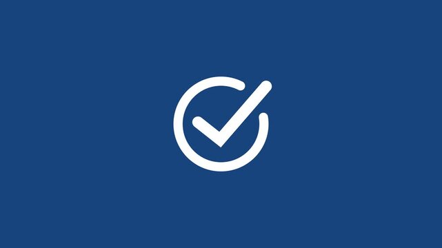 White check mark icon.Animated check mark icon in white against dark blue background for positive affirmations and approved actions. Motion graphics of verified concept