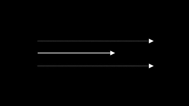 White straight arrows animation. Reveal and hide animation of solid, dashed, and dotted arrows. Motion graphics of arrow line concept