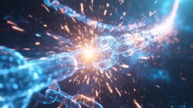 Abstract digital chain links with glowing particles, representing blockchain technology and data security.