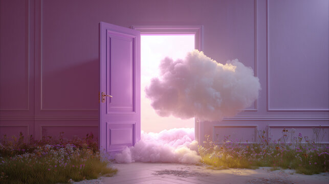 Open door with floating cloud in surreal room, soft pastel light, symbolizing imagination, dream, freedom, and transition to another world in creative concept.