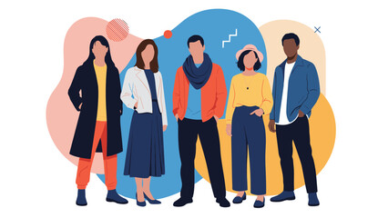 Obraz premium Diverse group of stylish young people standing together against colorful abstract background representing unity.