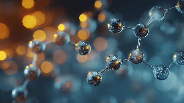 Abstract molecular structure background with glass spheres and glowing bokeh lights representing chemistry biology science and innovation concepts in 3D digital art