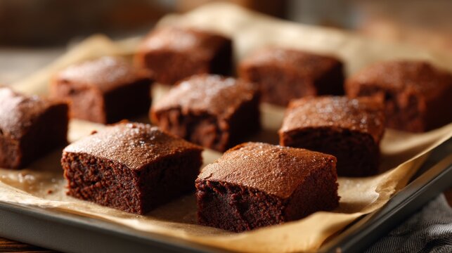 Freshly Baked Brownie Squares on Baking Sheet with Parchment Paper