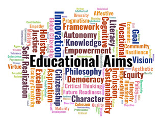 Fototapeta premium Educational Aims Word Cloud. A Visual Summary Of The Philosophical Goals, Societal Values, And Individual Development Objectives That Shape Contemporary Global Education Systems.