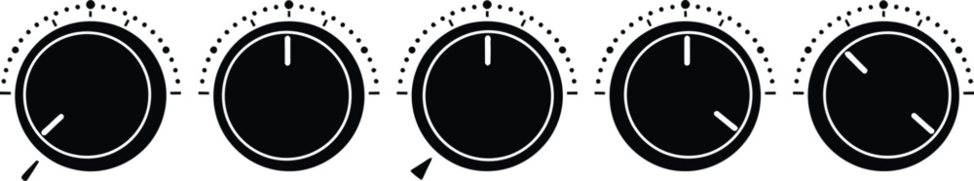 Black and white vector graphic illustration of five audio adjustment knobs