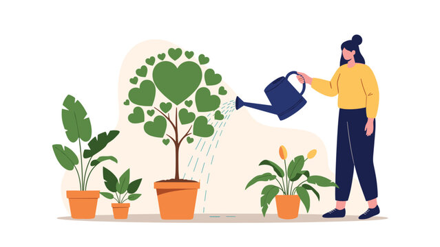 Compassionate woman nurturing heart leaf tree with watering can to represent love growth and emotional well-being concepts.
