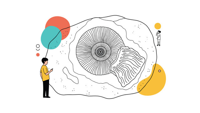 Curious person examining ancient giant ammonite fossil shell in museum exhibition or archeological dig site display.