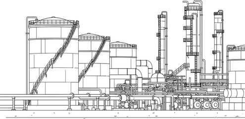 Industrial Oil Refinery and Chemical Plant Line Art Illustration with Storage Tanks, Pipelines and Factory Infrastructure © Ruma