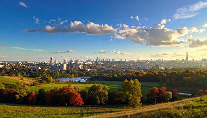 Obraz premium Panoramic view of Moscow city skyline with autumn trees and blue sky with clouds