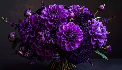 Lush bouquet of dark purple dahlias, accents with foliage, contrasts against a dark background © Bakri