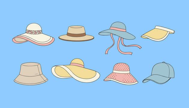 Collection of Summer Sun Hats and Beach Headwear Vector Icons, Elegant Female Straw Hats, Bucket Hat and Baseball Cap Isolated on Blue Background