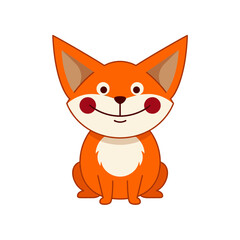 Obraz premium Cute Orange Fox Character Sitting and Smiling, Vector Illustration of a Friendly Forest Animal with Big Ears and Red Cheeks Isolated on White Background