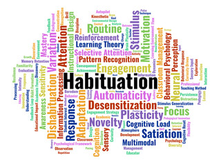 Fototapeta premium Habituation Word Cloud. A Visual Map Of Concepts Relating To Sensory Adaptation, Attention Management, And Instructional Novelty Within The Modern Educational Landscape.