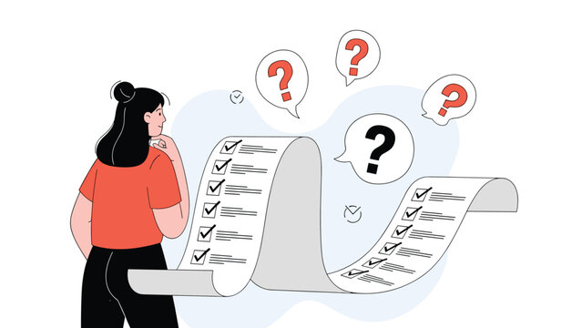 Woman thinking with hand on chin looking at long checklist scroll with question marks in speech bubbles for decision making.