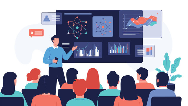 Professor giving lecture about physics and atoms to audience of students in large auditorium with digital dashboard display in background.